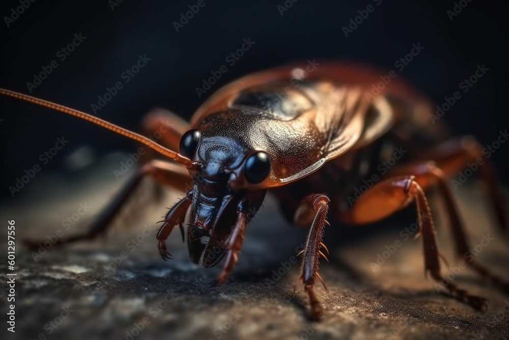 Close up macro view of cockroach. Pest control concept. Generative AI Close up macro view of cockroach. Pest control concept. Generative AI