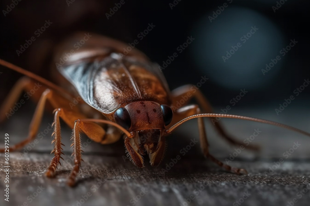 Close up macro view of cockroach. Pest control concept. Generative AI Close up macro view of cockroach. Pest control concept. Generative AI