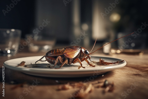 Cockroach on kitchen table with food leftovers.Pest control concept. Generative AI