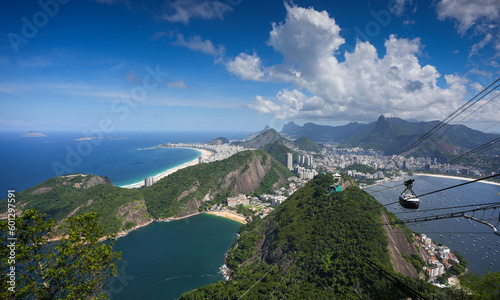 Rio de Janeiro from above. Beautiful landscape from Sugar Loaf mountain with the city of Rio de Janeiro and its landmarks during a sunny day with blue sky and white clouds. Travel to Brazil.