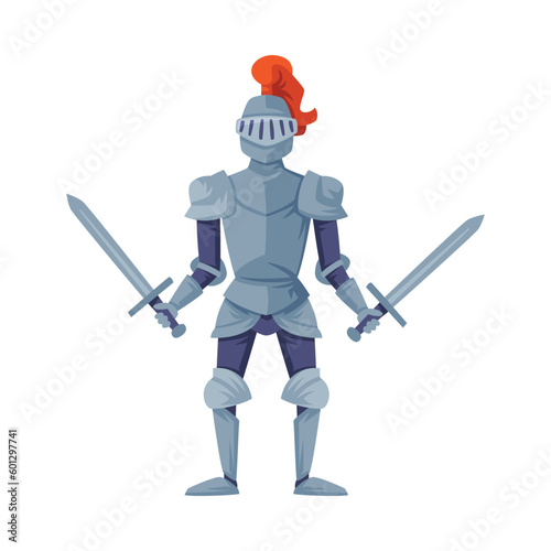Medieval armored knight holding two swords ready to joust vector illustration