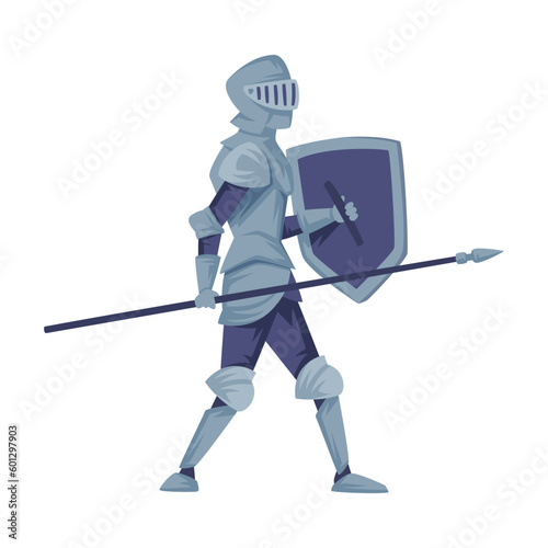 Medieval knight in full armour walking with shield and spear, side view vector illustration