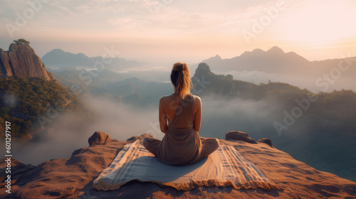 A woman performs yoga in the mountains  as viewed from behind AI generated