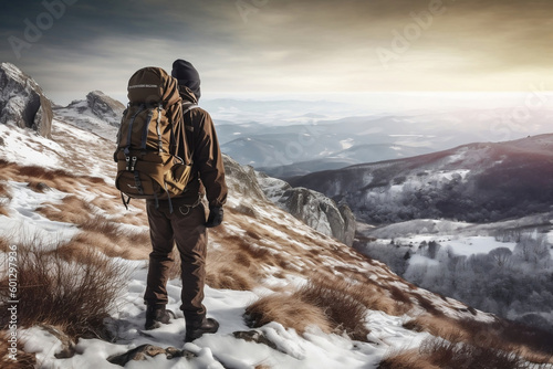 Man with backpack trekking in mountains. Cold weather, snow on hills. Winter hiking.