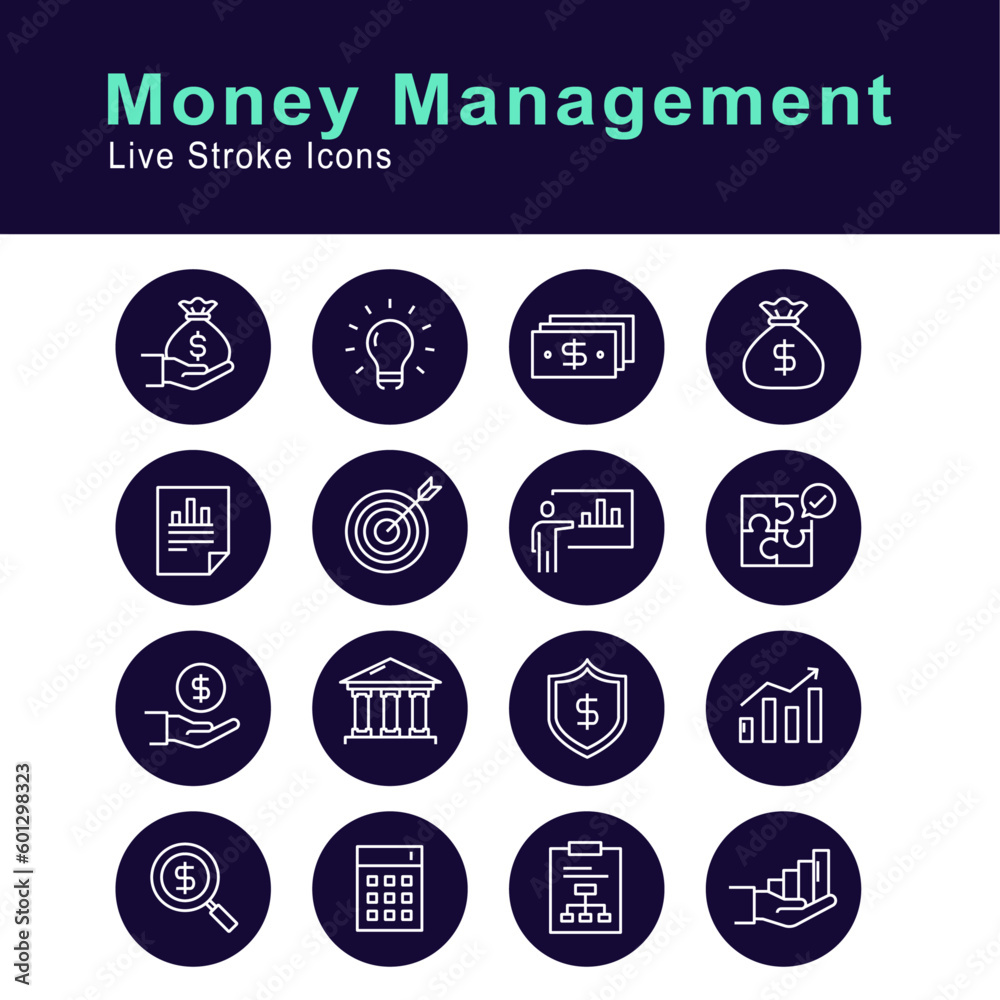 Money management, financial planning, and related topics associated with money management. Vector editable stroke icons.