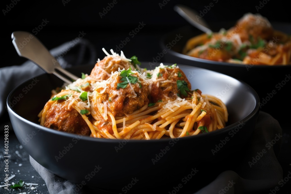 spaghetti and meatballs, ready to be served in a warm and inviting bowl, created with generative ai spaghetti and meatballs, ready to be served in a warm and inviting bowl, created with generative ai