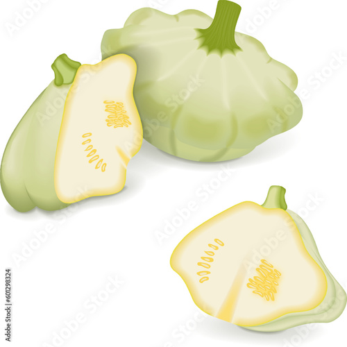 Whole and half of White Patty Pan squash or Scallop or Scallopini squash. Summer squash. Cucurbita pepo. Fruits and vegetables. Vector illustration isolated on white background.