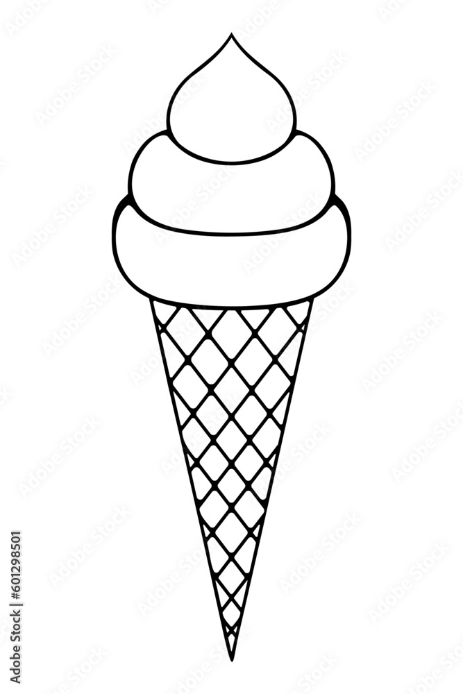 Popsicle in a waffle cone. Sketch. Ice cream made of three layers. Vector illustration. Outline on an isolated background. Doodle style. Sweet refreshing dessert. An idea for a menu, web design. Popsicle in a waffle cone. Sketch. Ice cream made of three layers. Vector illustration. Outline on an isolated background. Doodle style. Sweet refreshing dessert. An idea for a menu, web design.