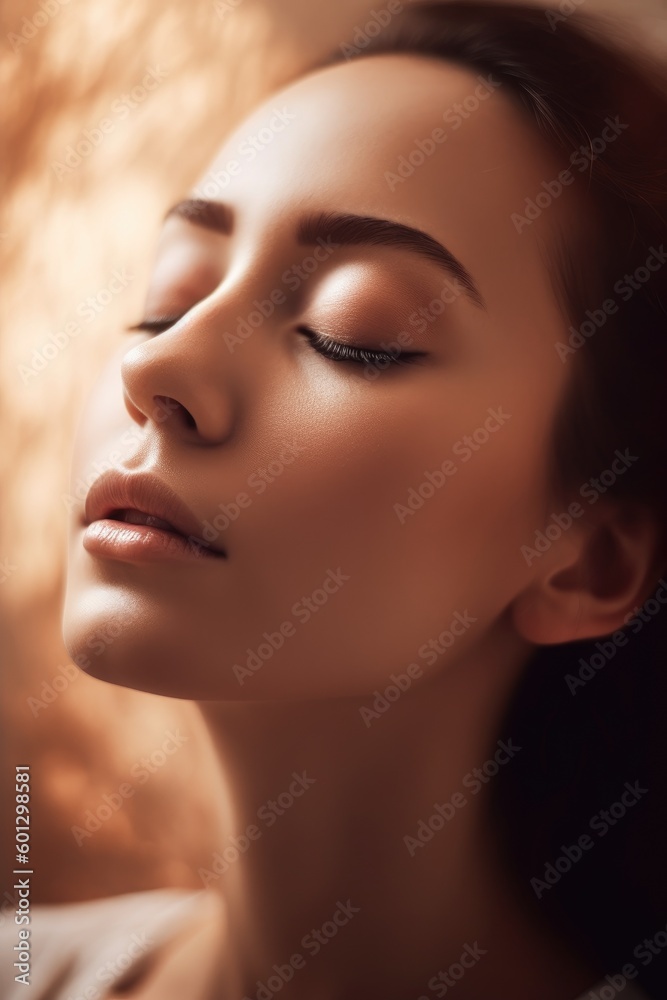 Womans face with their eyes closed, and a serene expression on their face as they focus on their breathing. Generative AI Womans face with their eyes closed, and a serene expression on their face as they focus on their breathing. Generative AI