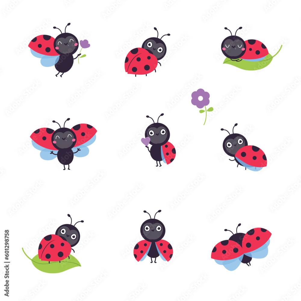 Cute funny ladybugs set. Little ladybird insects in different poses cartoon vector illustration