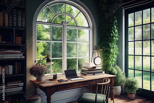 office with windows overlooking lush green garden, perfect for daydreaming, created with generative ai © altitudevisual