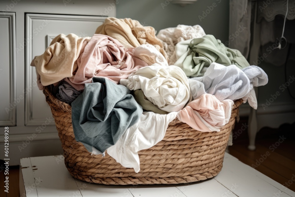 laundry basket overflowing with freshly laundered linens, created with generative ai
