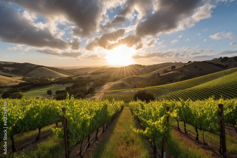 vineyard with rolling hills and sun-kissed skies, created with generative ai