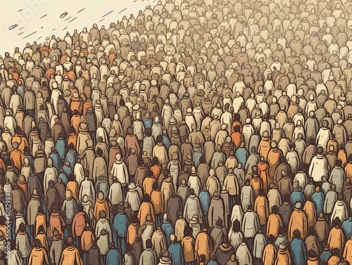 Generative AI illustration of abstract background with many different colorful people standing close to each other representing concept of crowd control