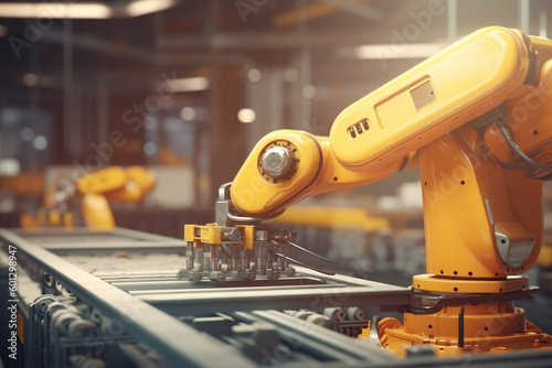 Robotic arms along assembly line in modern factory