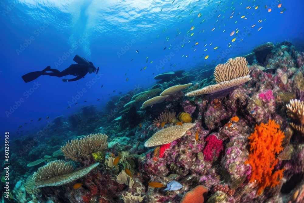 Fototapeta premium scuba diver swimming through colorful coral reef, with schools of fish visible in the background, created with generative ai