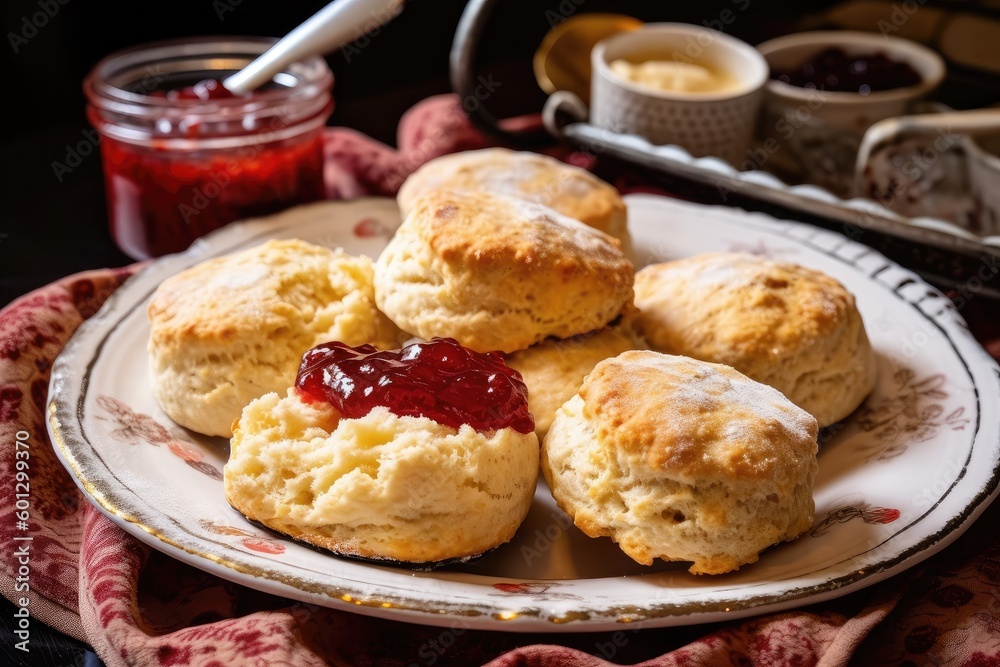 plate of warm scones, topped with scoop of strawberry jam and a dusting of powdered sugar, created with generative ai plate of warm scones, topped with scoop of strawberry jam and a dusting of powdered sugar, created with generative ai