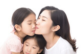 Asian mid woman and children hugging on a white background