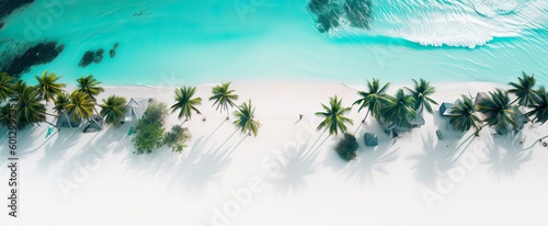 Beach and waves from top view. Turquoise water background from top view. Summer seascape from air. Top view from drone. Travel concept and idea. Generative Ai.