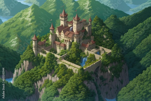isometric view of castle, surrounded by lush greenery and towering mountains in the background, created with generative ai