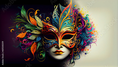 Realistic luxury carnival mask with colourful paints. Clear white background. Generative Ai