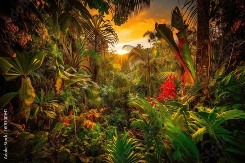 jungle with view of sunset, with vibrant colors and warm lighting, created with generative ai