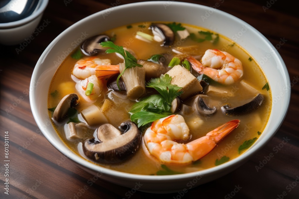 bowl of tom yam soup, with shrimp, mushrooms and lemongrass visible, created with generative ai