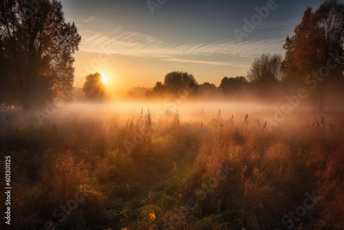 sunrise over misty meadow  with rays of sunshine breaking through the fog  created with generative ai