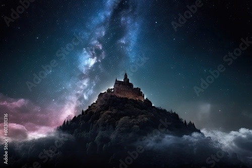magical galaxy with castle in the clouds and stars in the sky, created with generative ai