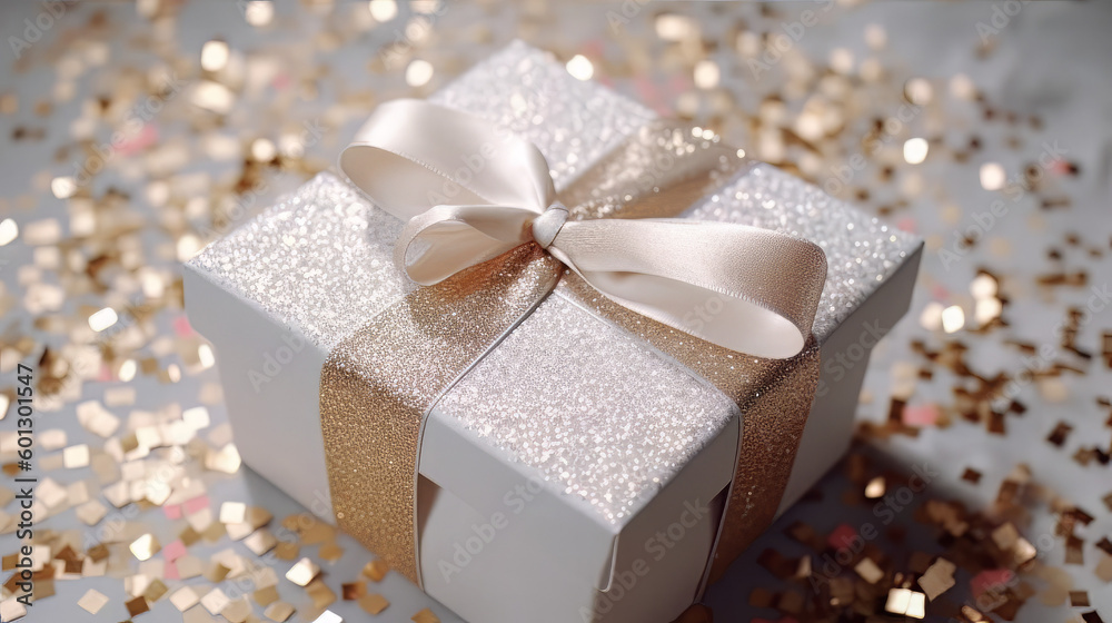 Gift box wrapped in white paper with satin ribbon on festive background with many sparkles, top view