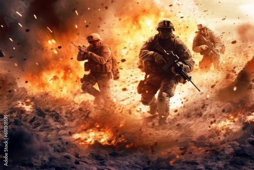 Modern war, soldiers with weapons, explosions. Beautiful illustration picture. Generative AI
