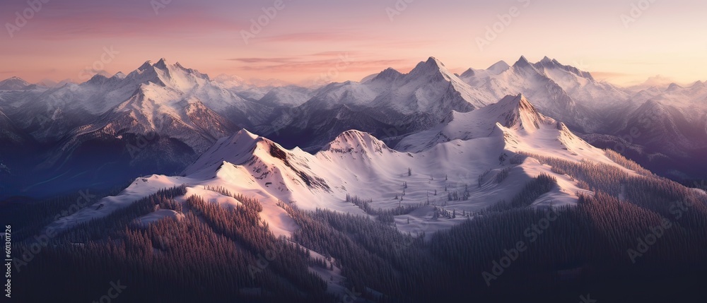 Aerial View from Airplane of Snow Covered Mountain Landscape in Winter. Colorful Pink Sky Art Render. Generative Ai.