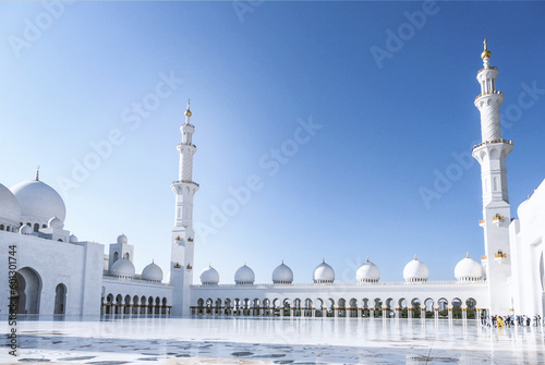 Scenic view of courtyard of Sheikh Zayed Mosque in Abu-Dhabi. United Arab Emirates