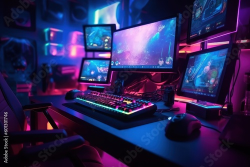 Gaming computer in neon lighting. Beautiful illustration picture. Generative AI