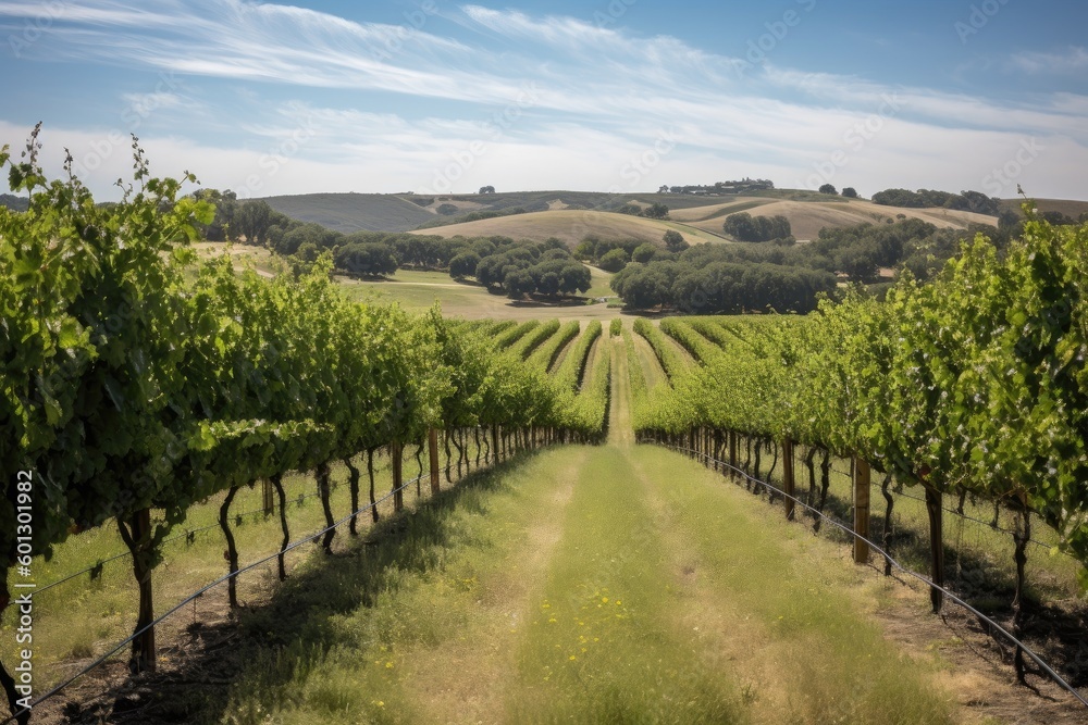 vineyard with rolling hills and scenic views, perfect for a vineyard wedding, created with generative ai