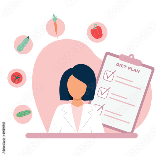Nutrition diet plan checklist, weight loss diet. Vector illustration of nutritionist with vegetables