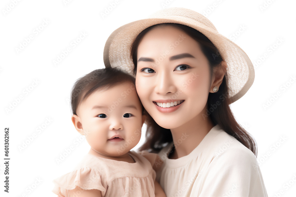asian young mother wearing a hat and child smiling on a white background asian young mother wearing a hat and child smiling on a white background