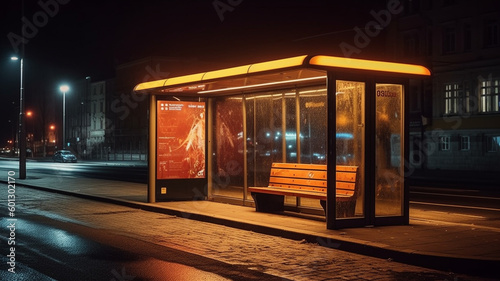 Bus stop in city at night on background. Generative AI