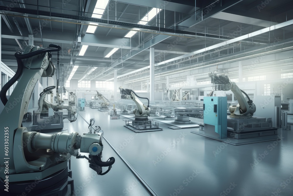 a factory floor of the future, with robotic arms and advanced tools working in tandem to manufacture products, created with generative ai