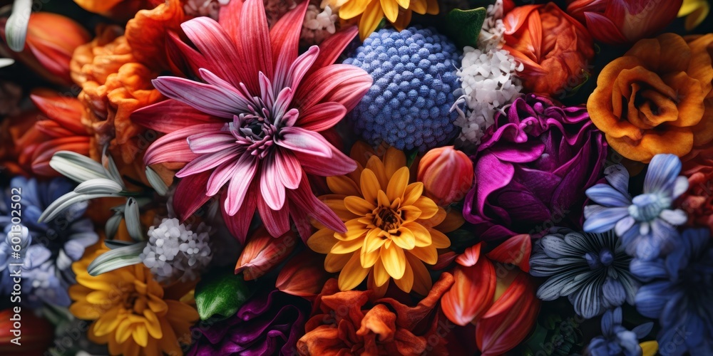 Fresh flowers, colorful, close up view. Beautiful illustration picture. Generative AI