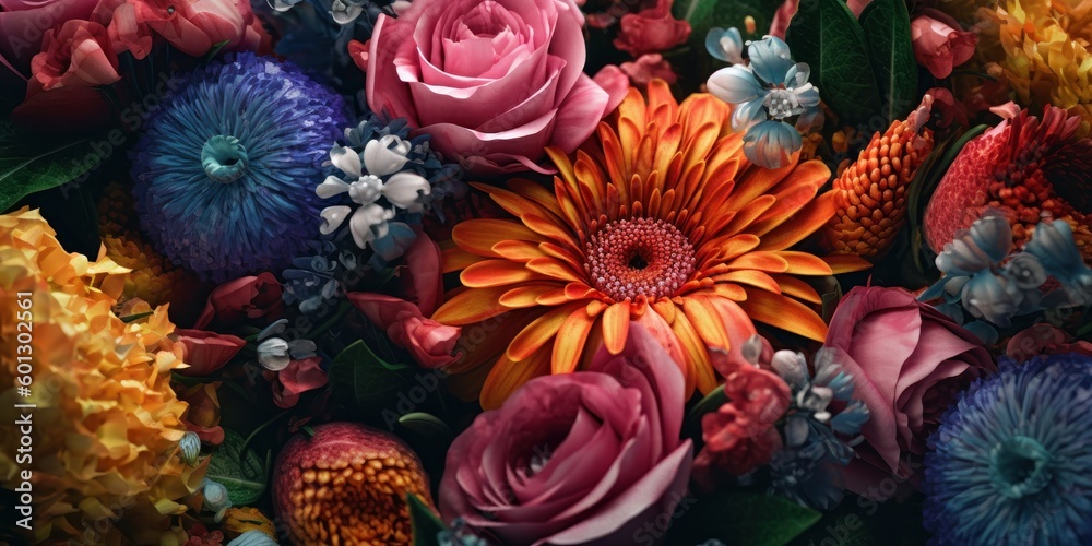 Naklejka premium Fresh flowers, colorful, close up view. Beautiful illustration picture. Generative AI