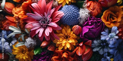 Fresh flowers, colorful, close up view. Beautiful illustration picture. Generative AI