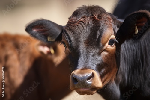 close-up of newborn calf, with its mother in the background, created with generative ai