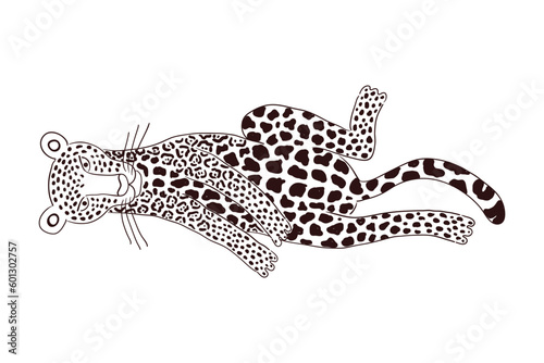 Cute jaguar laying down hand drawn cartoon character illustration, sketch. Line art, drawing style design, isolated vector. Tropical animal, jungle wildlife, big cats, safari, nature, print element