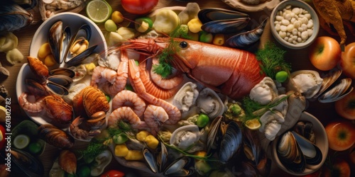 View from top of fresh seafood. Beautiful illustration picture. Generative AI