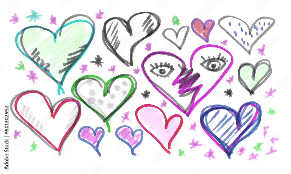 Set hand drawn watercolor felt tip pen in shape heart, love sign and symbol isolated on white Set hand drawn watercolor felt tip pen in shape heart, love sign and symbol isolated on white