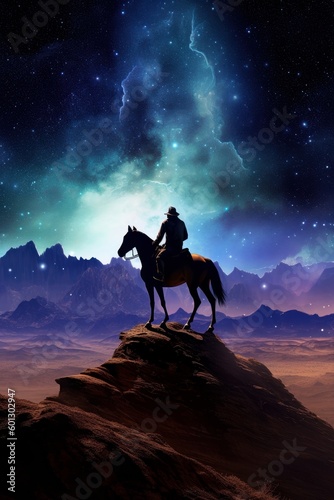 Western cowboy riding his horse at night under the starry sky. Beautiful illustration picture. Generative AI