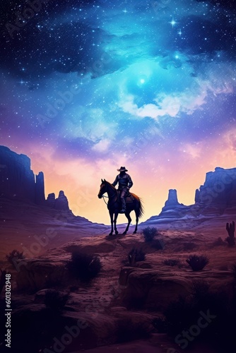 Western cowboy riding his horse at night under the starry sky. Beautiful illustration picture. Generative AI