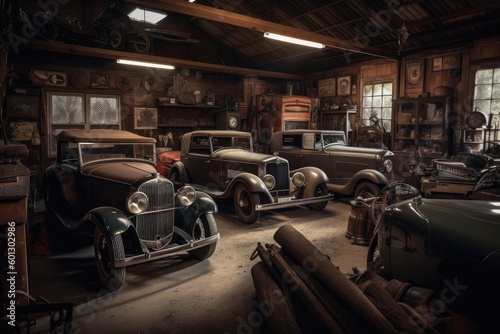 old garage, filled with vintage cars and equipment, ready for a photo shoot, created with generative ai