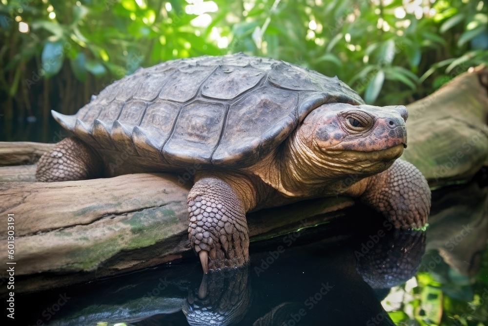 snapping turtle basking in the sun on a leafy log, created with generative ai snapping turtle basking in the sun on a leafy log, created with generative ai
